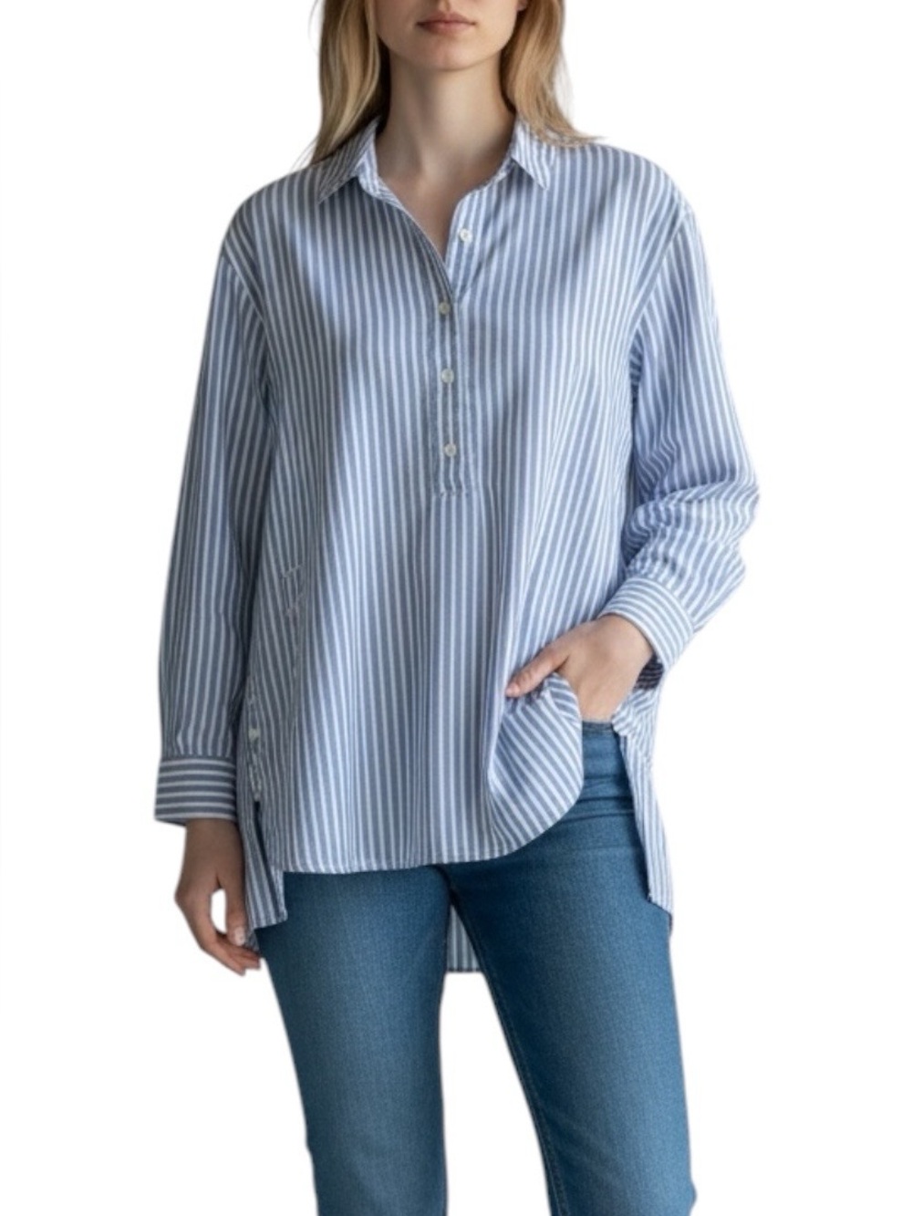 J.McLaughlin Fallon 100% Cotton Striped Longsleeve Blouse Blue/White Small